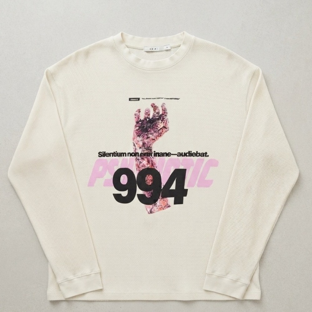 mnml Mens 994 Graphic Waffle Knit Thermal Shirt Cream XL Streetwear Long Sleeve